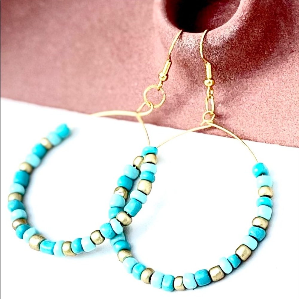 NWT Seed Bead Gold Hoop Earrings, Czech Bead Earrings, Handmade